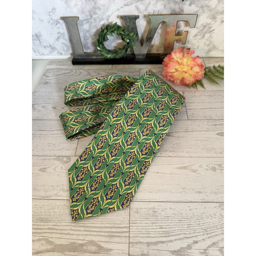 Paul Fredrick Silk Tie 4" Wide Green Blue Gold Ornate Medallion Classic Executiv - Picture 10 of 16